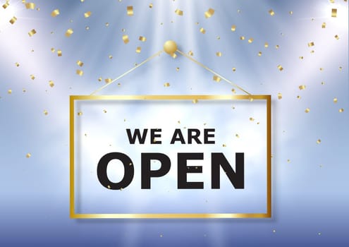 We are Open sign with gold confetti and spotlights