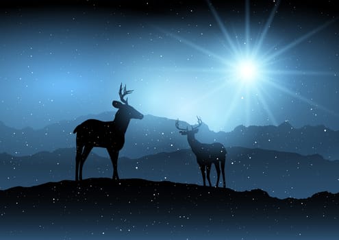 Silhouette of deer in a Christmas winter landscape