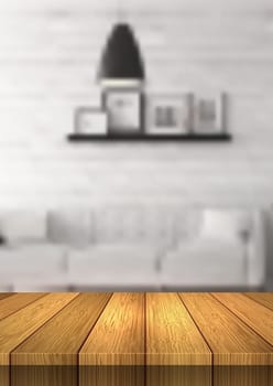 Wooden table looking out to a defocussed lounge