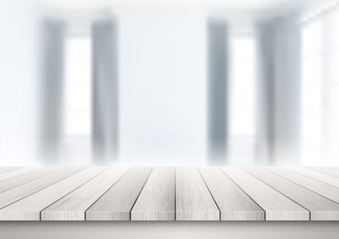 Wooden table looking out to a defocussed lounge interior
