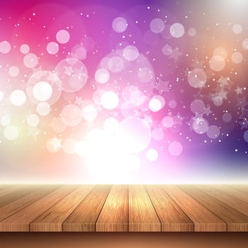 Christmas background with a wooden table looking out to bokeh lights and stars