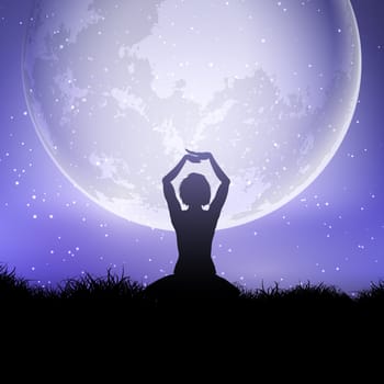Silhouette of a female in yoga pose against a moonlit sky