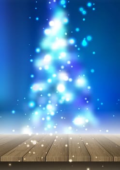 Wooden table looking out to a defocussed Christmas tree background