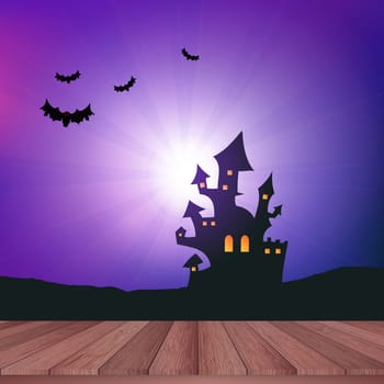 Wooden table looking out to a Halloween castle landscape