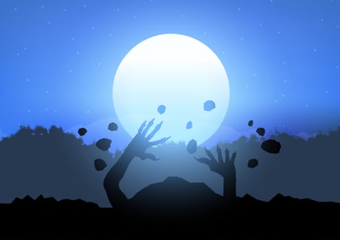 Silhouette of a zombie erupting from the ground