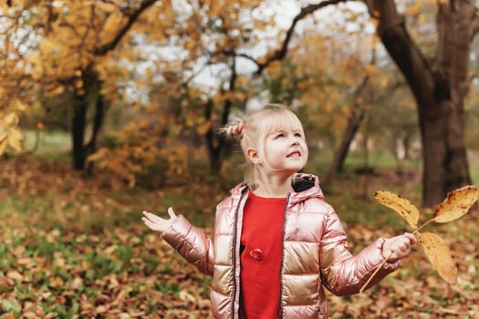 Happy little blonde girl plays with yellow autumn leaves in the garden. The child smiles and has fun in park. Playful kid throwing up leaves in autumn season park. Child lays on the ground.