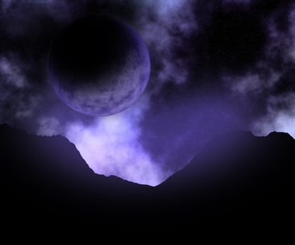 3D abstract space scene with fictional planet against a galaxy sky