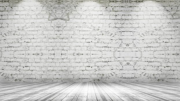 3D grunge interior with brick wall and wooden floor