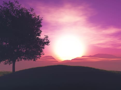 3D arender of a tree landscape against a sunset sky