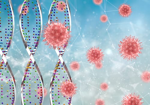 3D render of a medical background with DNA strands and abstract virus cells