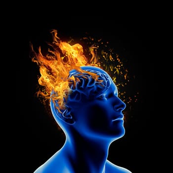 3D medical image depicting mental health issues with male figure with flames coming from head