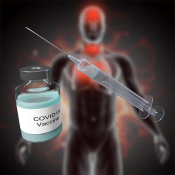3D medical background with Covid vaccine against defocussed male figure image