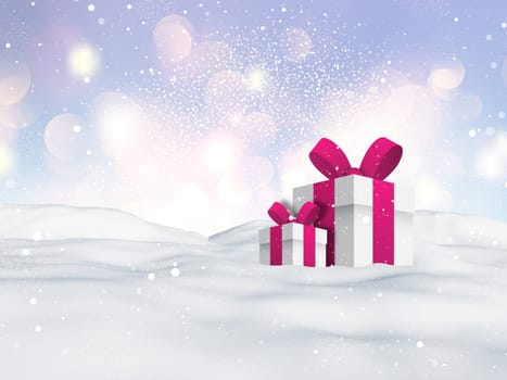 3D render of Christmas gifts nestled in snow