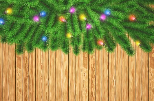 3D render of Christmas tree branches with lights on a wooden texture