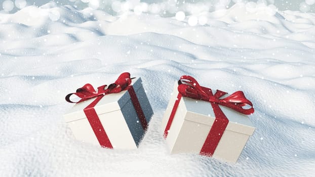 3D render of Christmas gifts nestled in snow