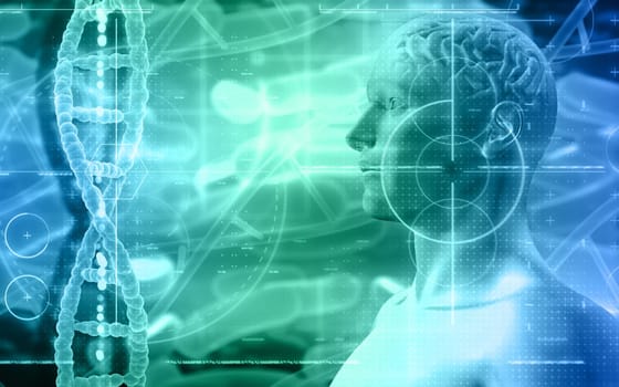 3D medical background with a male figure with brain and DNA strands