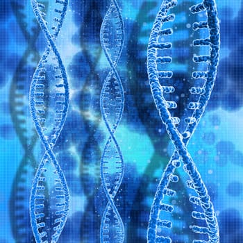 3D render of DNA strands on a binary code background