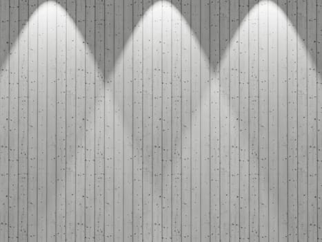 3D render of  a white wooden wall with spotlights shining down