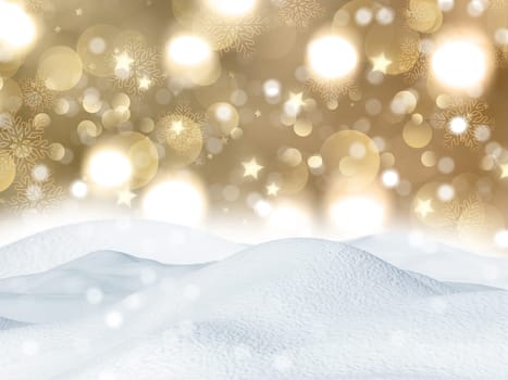 3D render of Christmas snow on a gold bokeh lights background