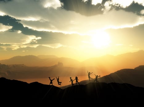 3D render of  silhouettes of children playing in a sunset landscape