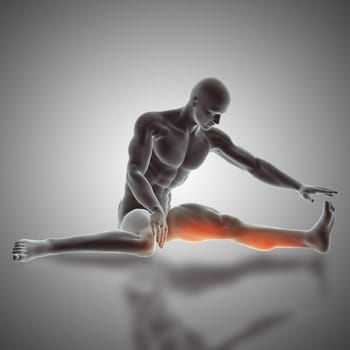 3D render of a male figure in a seated  stretch pose