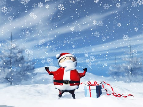 3D render of Santa in a snowy landscape with gift