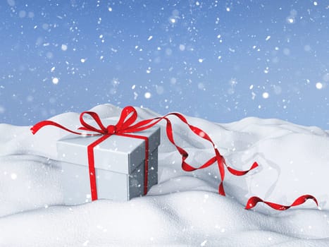 3D render of a Christmas background with gift box in snow