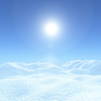 3D render of a Christmas background with snowy landscape against a blue sunny sky