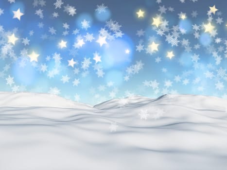 3D render of a Christmas background with snowflakes and stars