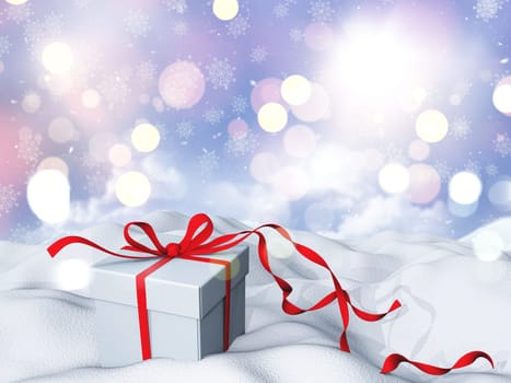 3D render of a Christmas background with gift box in snowwith falling snowflakes
