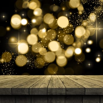 3D render of a Christmas background with table looking out to starry lights