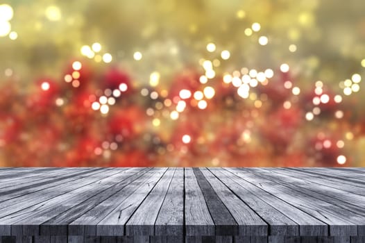3D render of a Christmas background with wooden table looking out to bokeh lights