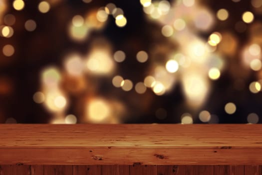 3D render of a Christmas background with wooden table against defocussed bokeh lights