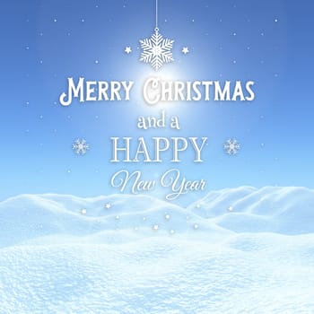 3D render of a Christmas background with snowy landscape with decorative text