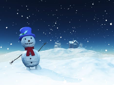 3D render of a Christmas landscape with cute snowman