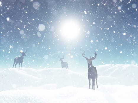 3D render of a Christmas landscape with deer in snow