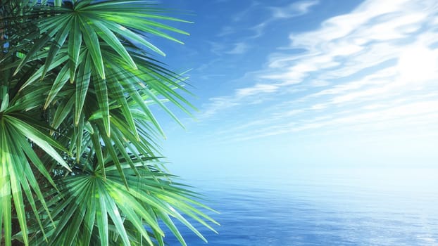 3D render of palm trees against a blue ocean landscape