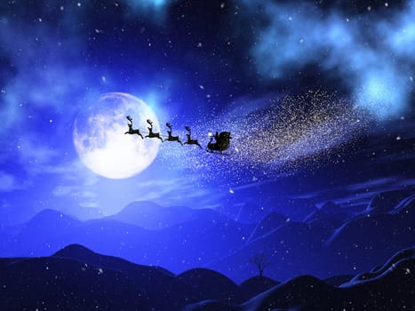 3D render of a Christmas moonlit landscape with santa and reindeers in the sky