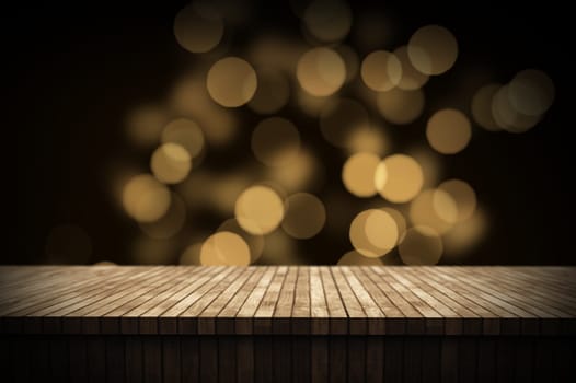 3D render of a Christmas background with wooden table looking out to golden bokeh lights