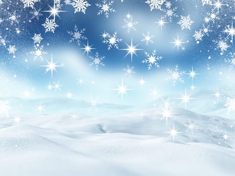 3D render of a Christmas landscape with snow and falling snowflakes