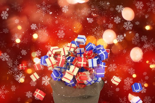 3D render of a Christmas sack of gifts on background of snowflakes and bokeh lights