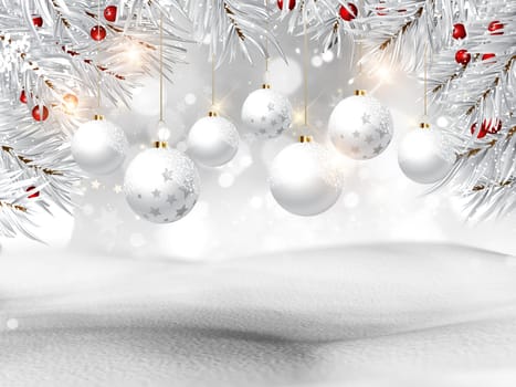 3D render of a Christmas baubles on a snowy background