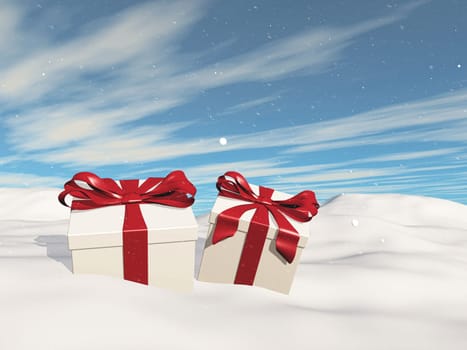 3D render of a Christmas landscape with gifts nestled in snow