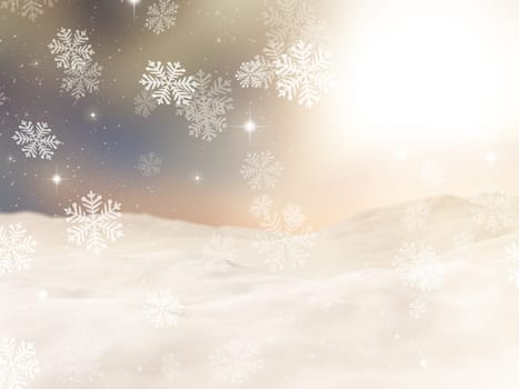 3D render of a Christmas landscape with falling snowflakes
