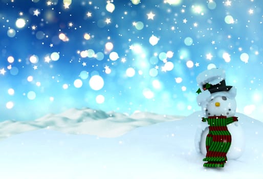 3D render of a Christmas background of bokeh lights and stars with snowman