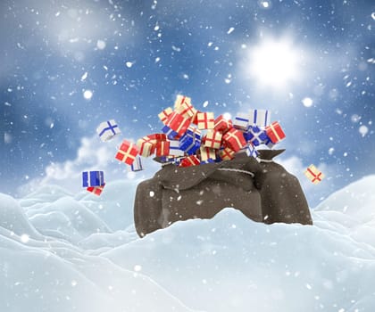 3D render of a Christmas snowy landscape with sack full of gifts