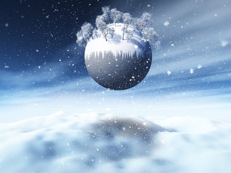 3D render of a Christmas snowy landscape with winter trees on globe