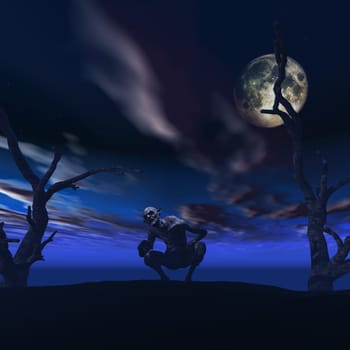 3D render of a Halloween background with demonic creature in spooky landscape