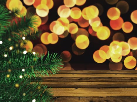 3D render of a Christmas tree against a wooden table and bokeh lights background