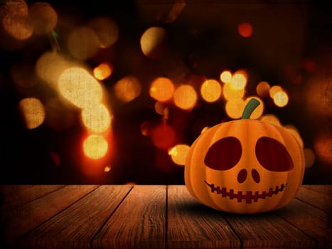 3D render of a Halloween background with pumpkin on wooden table against a grunge bokeh lights background
